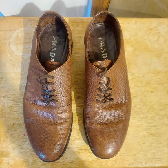 Prada Saffiano Derby 2EE049 Men\'s US 10 Brown Leather Oxford Business Shoes